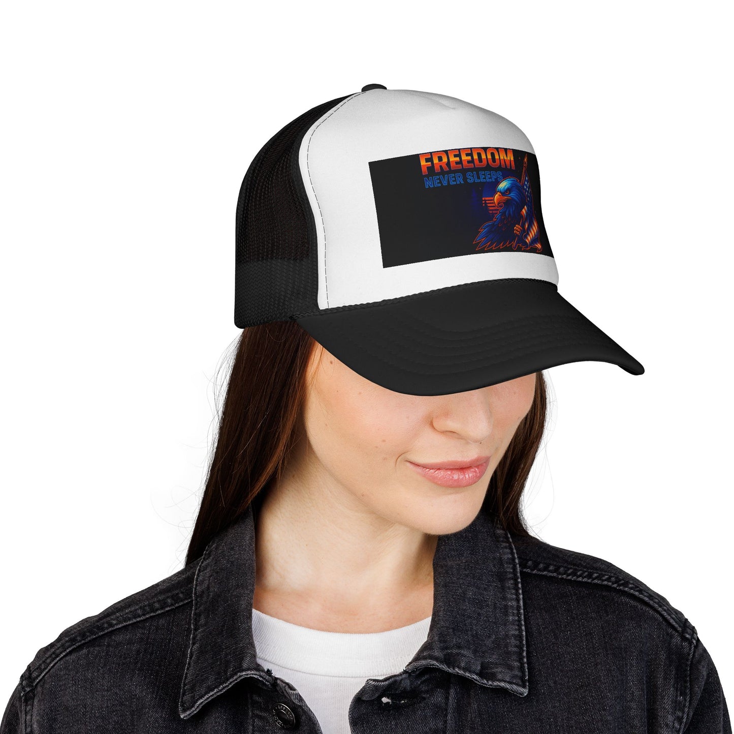 Patriotic Trucker Cap | Freedom Never Sleeps Hat | Outdoor Adventure Headwear, Gifts for Veterans, Casual Style, Summer Fashion