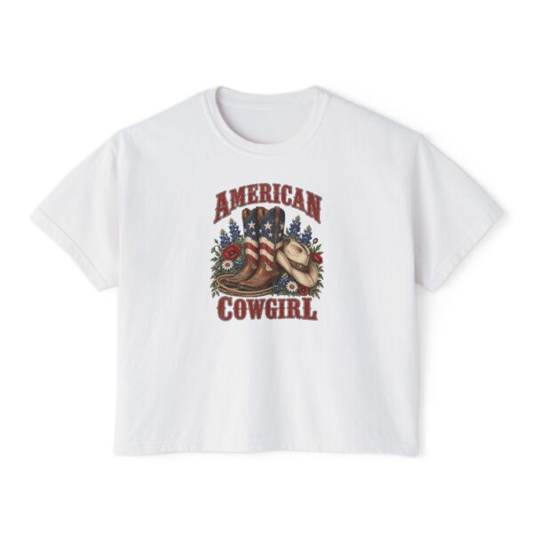 American Cowgirl Flag Boots Women's Boxy T-Shirt, White