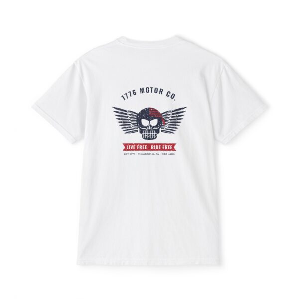 1776 Motor Co. Winged Skull Pocket T-Shirt, Back Print, White