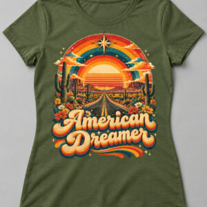 American Dreamer Desert Highway Tee on a moss green tee, front view