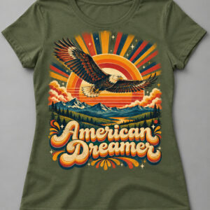 American Dreamer Retro Sunset Eagle Tee on a moss green tee, front view