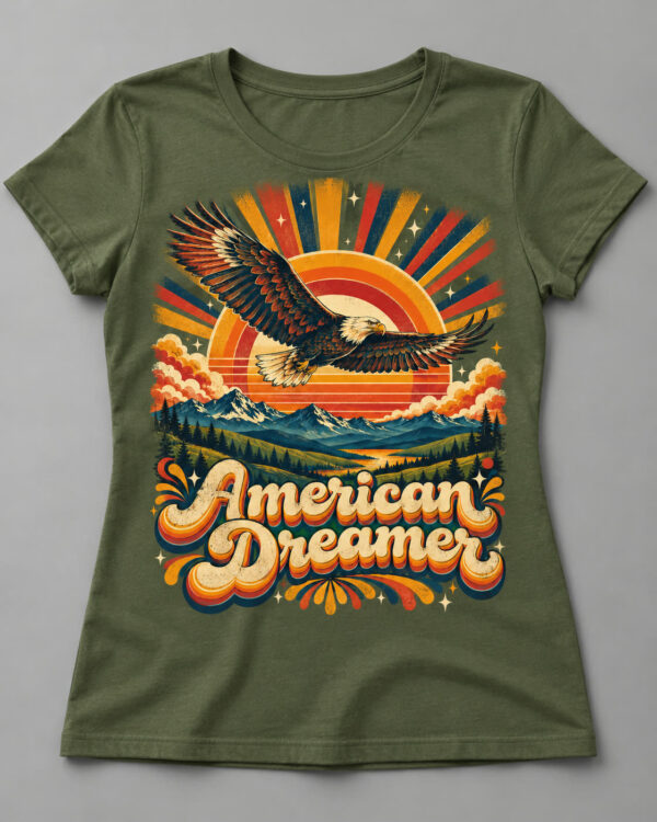 American Dreamer Retro Sunset Eagle Tee, Moss green