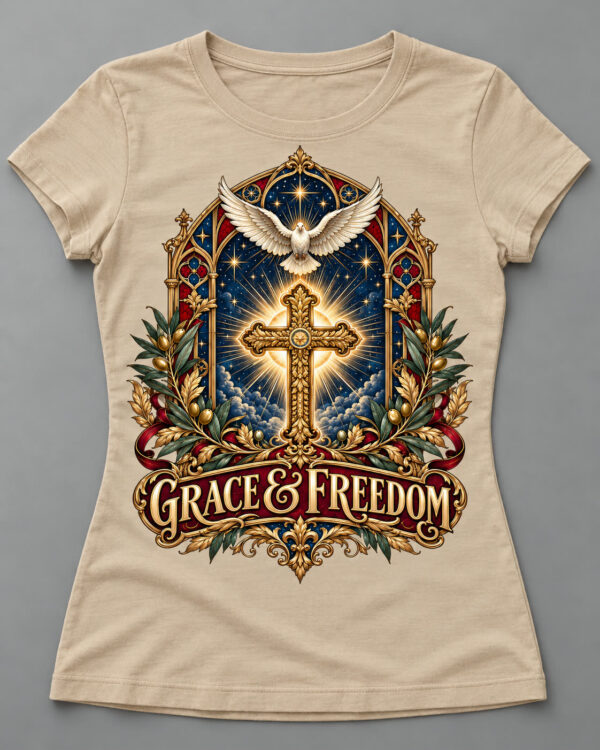 Grace & Freedom Cross & Dove Tee, Sandstone