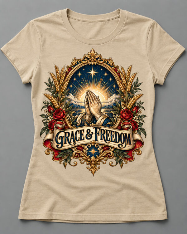 Grace & Freedom Praying Hands Crest Tee, Sandstone