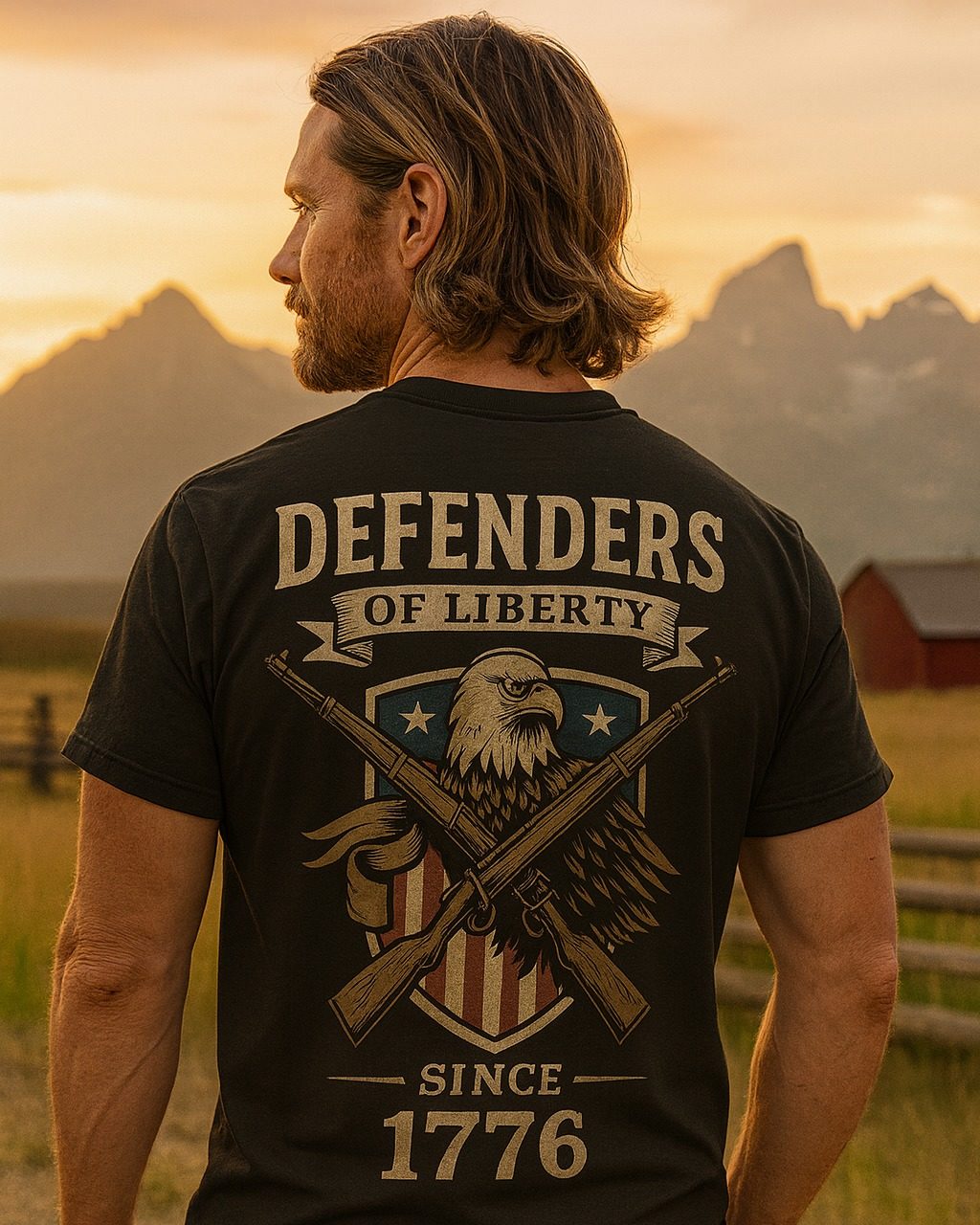 Man at golden hour wearing a back print tee