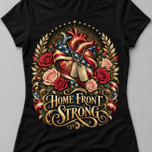 Home Front Strong Heart & Dog Tags Tee on a black tee, front view