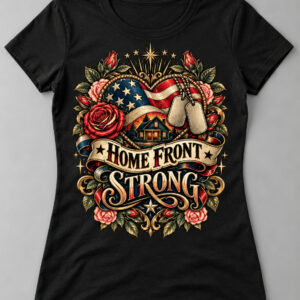 Home Front Strong Tattoo Heart Tee on a black tee, front view
