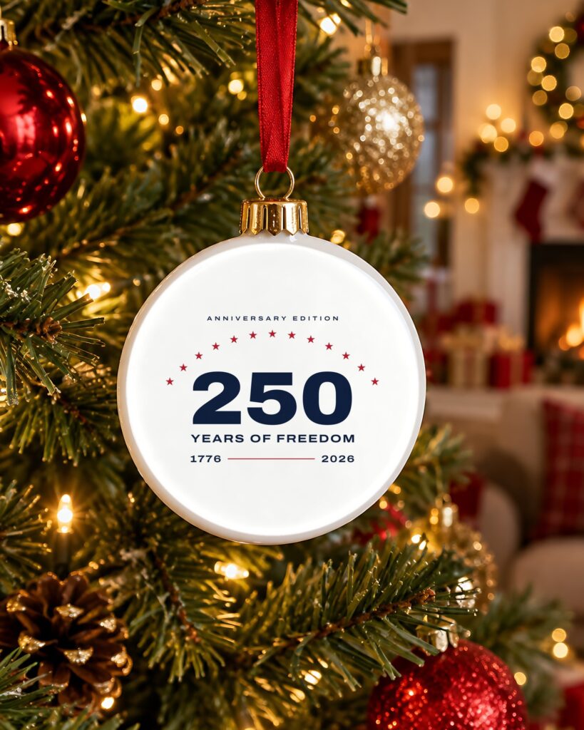 1776 Tees 250 Years 1776-2026 Anniversary Edition Christmas Ornament in a real setting