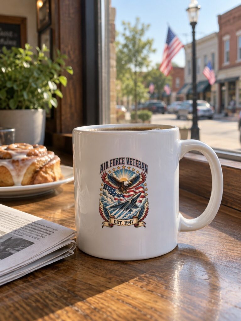 Air Force Veteran Eagle & Jet Mug in a coffee shop window