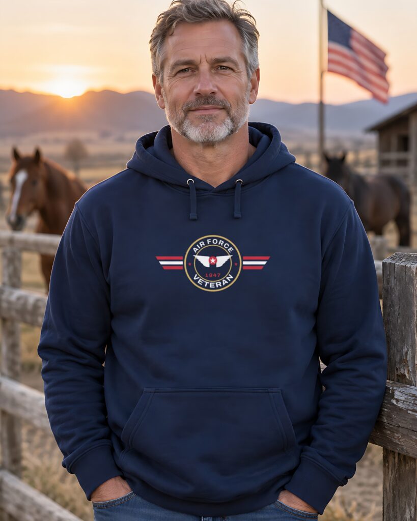 1776 Tees Air Force Veteran Patch Hoodie worn by model