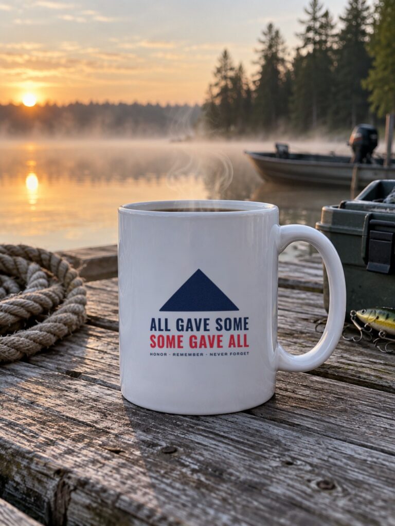 All Gave Some, Some Gave All Mug on a lake dock at sunrise