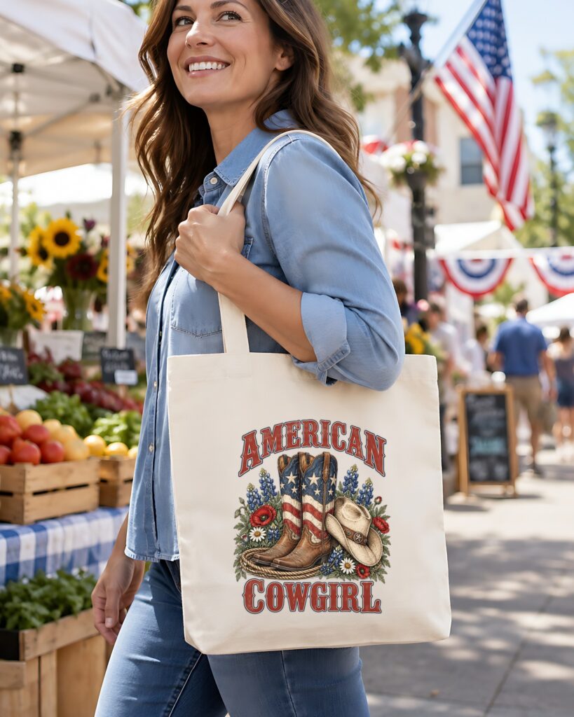 1776 Tees American Cowgirl Flag Boots Tote Bag in a real setting