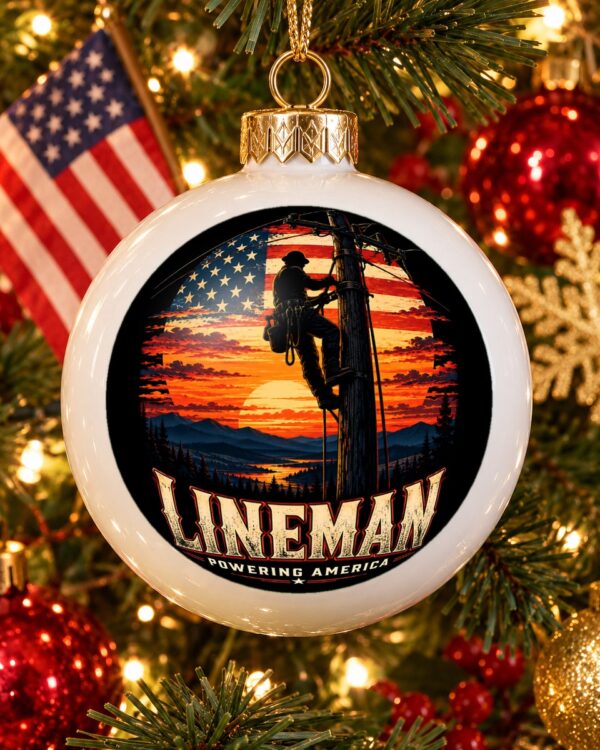 Lineman Powering America Globe Christmas Ornament