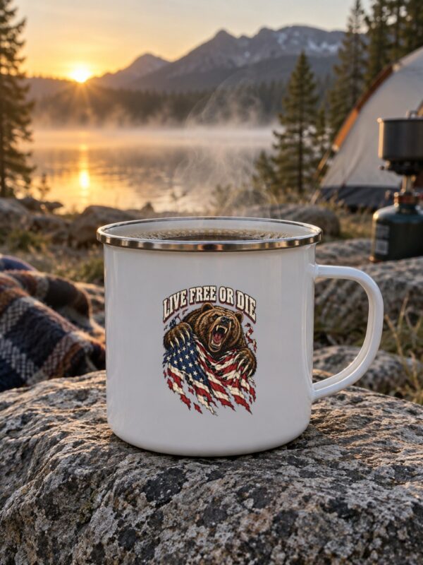 Live Free or Die Grizzly Enamel Camp Mug