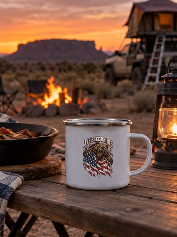 Live Free or Die Grizzly Enamel Camp Mug