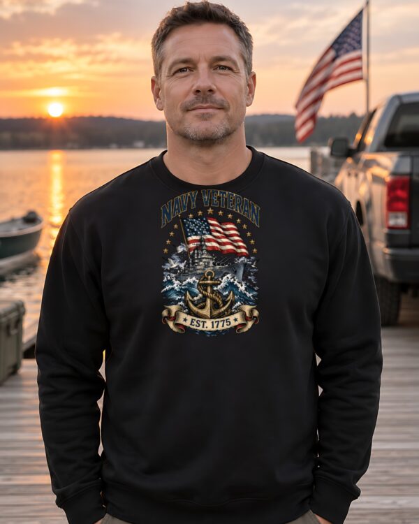 Navy Veteran Battleship & Anchor Crewneck Sweatshirt