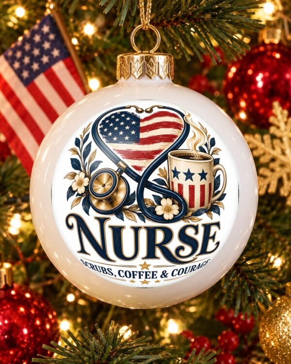 Nurse Scrubs Coffee and Courage Globe Christmas Ornament