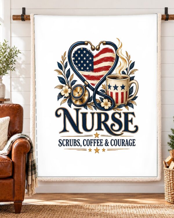 Nurse Scrubs Coffee and Courage Sherpa Fleece Blanket