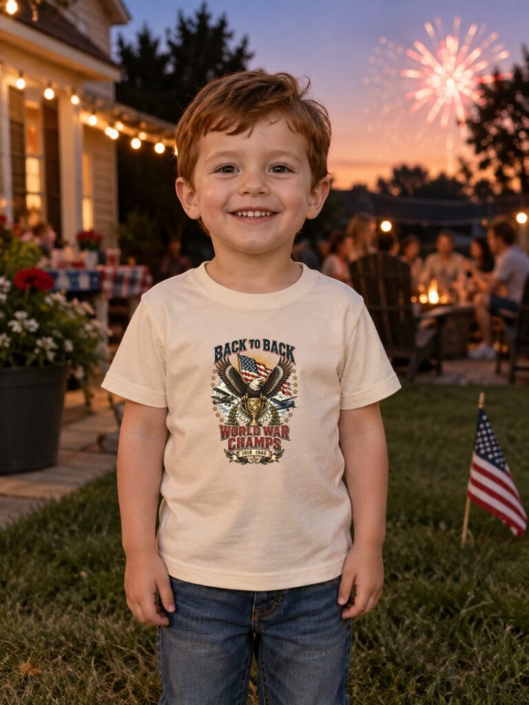 Back to Back World War Champs toddler tee in Natural on a boy at a Fourth of July cookout