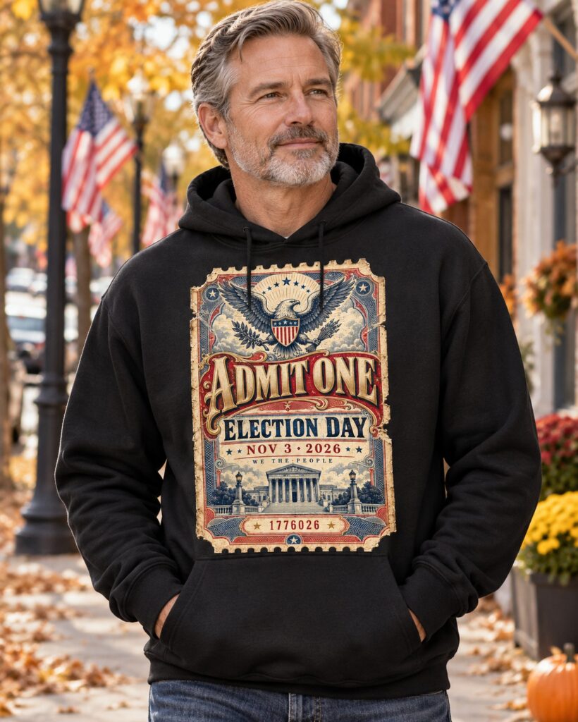 Admit One Election Day Hoodie worn by a model